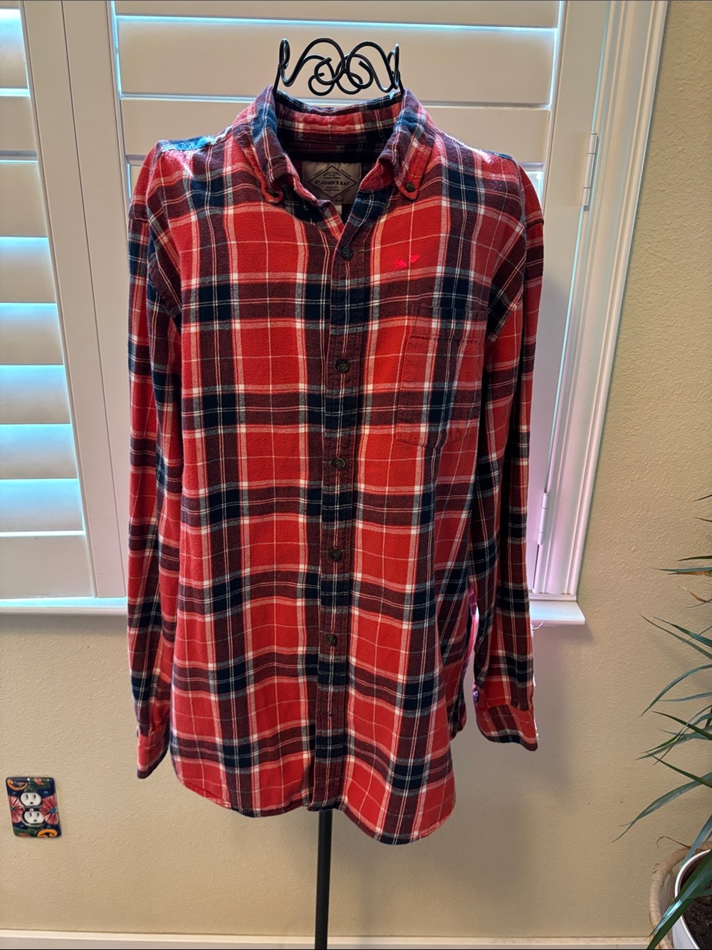 Handmade one of a kind Red Plaid Button-Up flannel with junkin queen Back Patch - Picture 3 of 5
